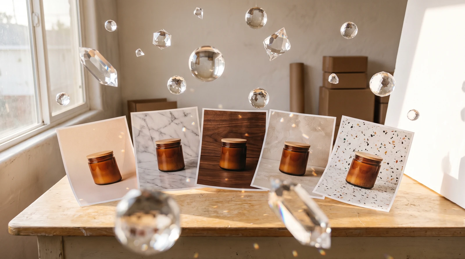 AI-generated product backgrounds showing various styles including minimalist gradients, marble textures, wooden surfaces, and abstract patterns