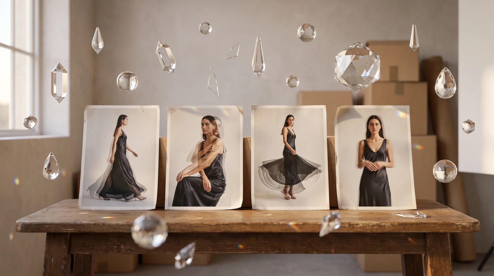 Four fashion video styles created with AI Model Reels: runway walk, casual lifestyle, product focus turn, and editorial dynamic poses