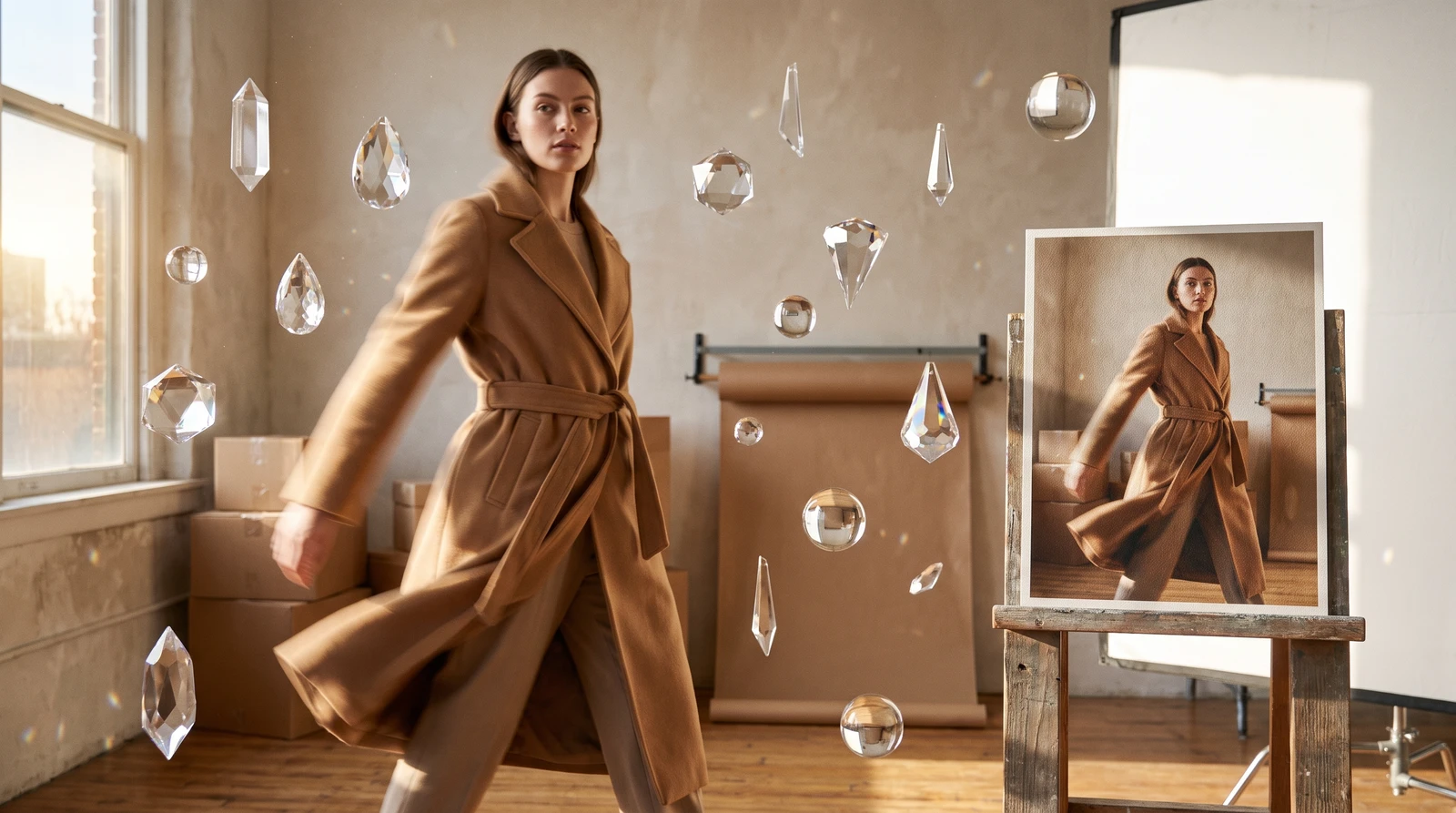 AI Model Reels transforming static fashion photography into dynamic runway walk video with fabric movement and natural model motion