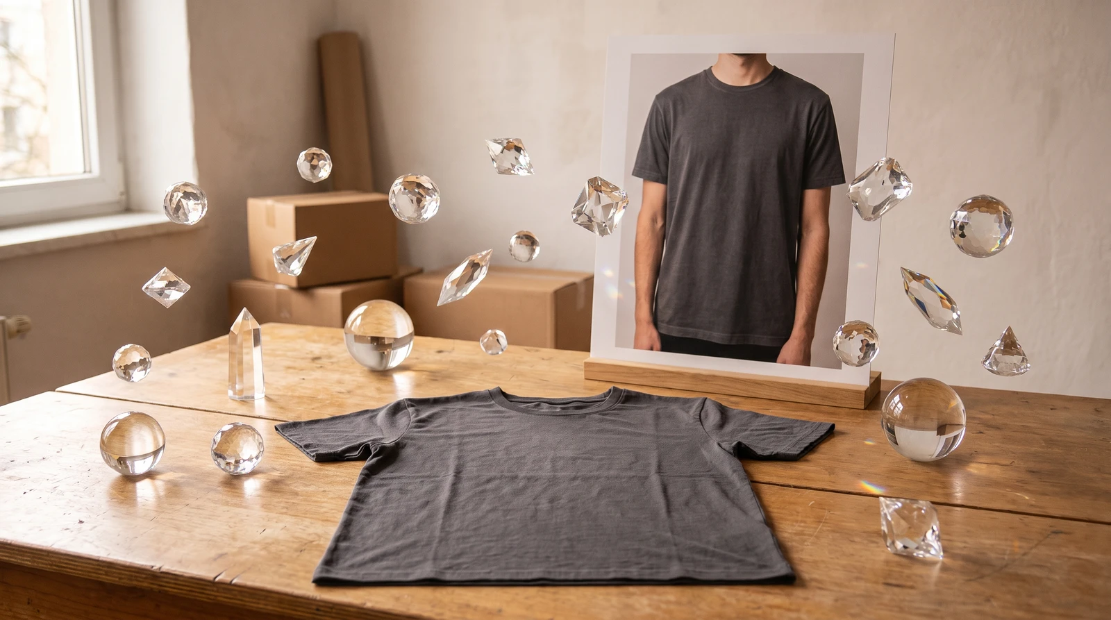 Before and after comparison showing flat lay clothing transformed into professional AI model photography with Product Try-On