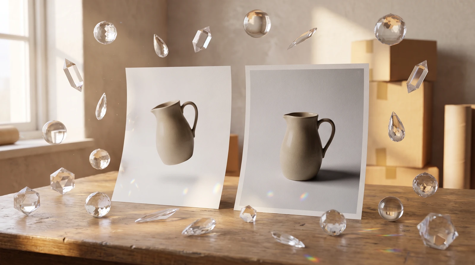 AI shadowing comparison showing product floating without shadow versus grounded with realistic AI-generated shadow