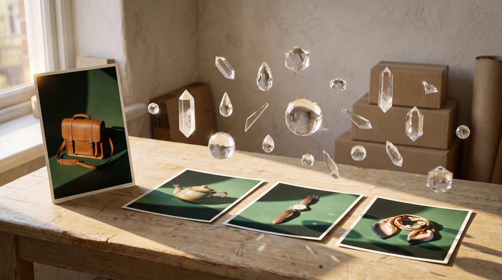 AI style cloning demonstration showing a reference image style being transferred to multiple product photos with consistent lighting and mood