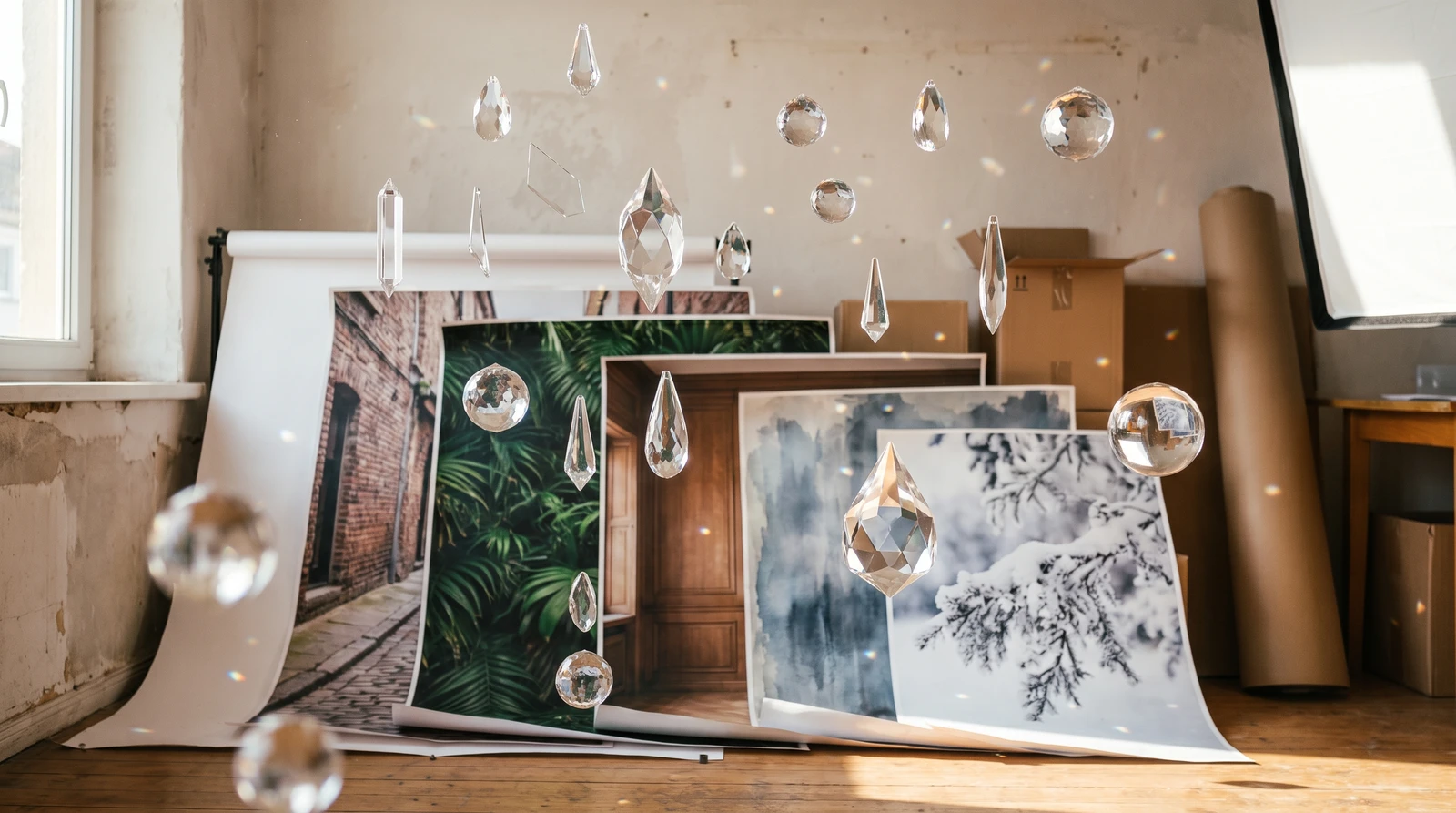 Grid showing six different AI-generated background styles: clean studio, urban, nature, interior, abstract, and seasonal holiday themes