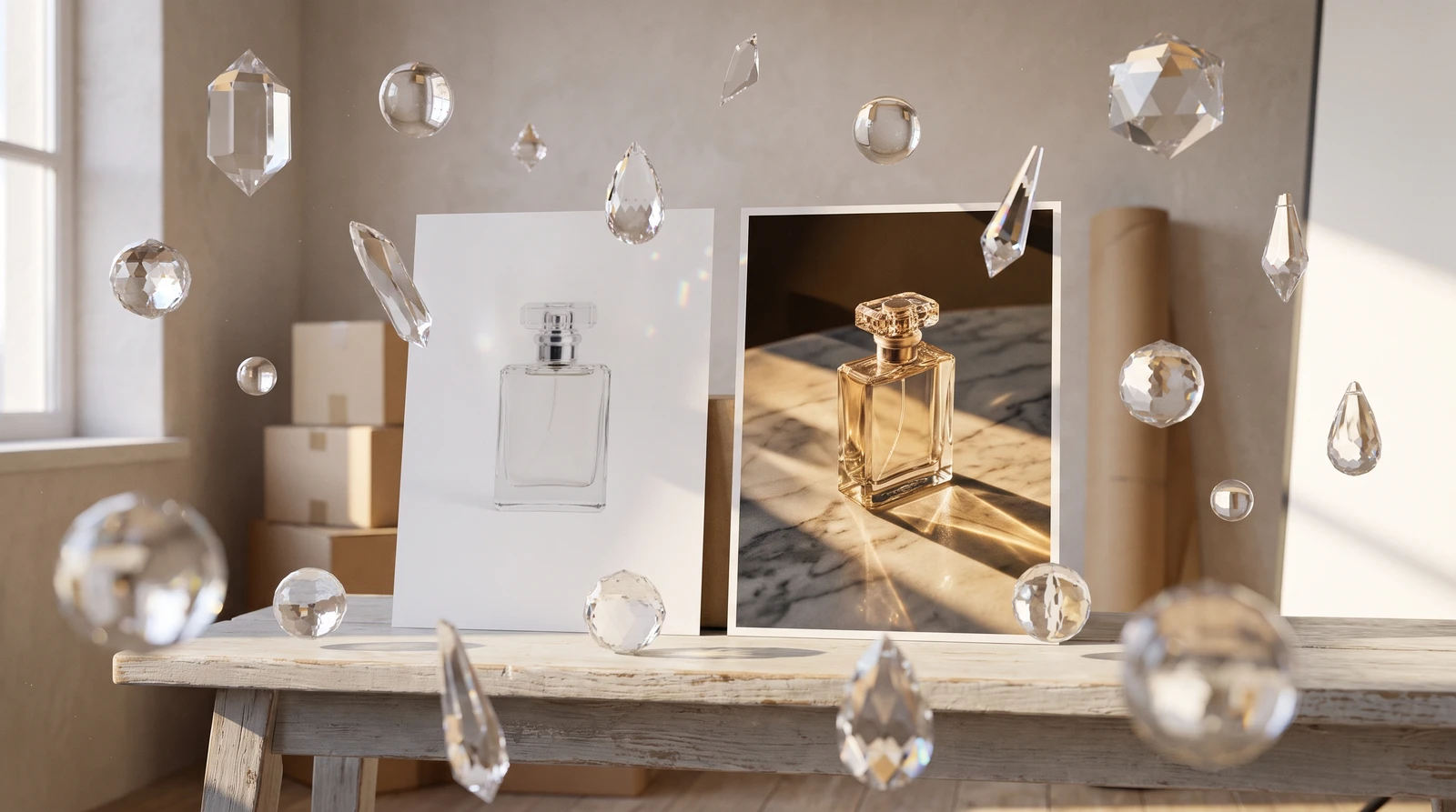 Nano Banana Image-to-Image transformation showing product photos converted to luxury marble backgrounds with golden hour lighting