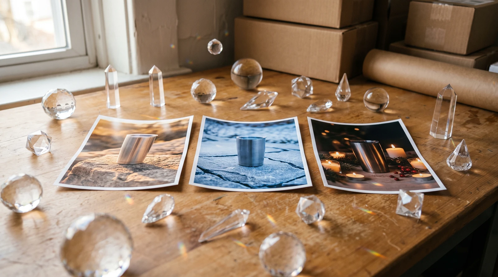 Product images transformed for different seasons: summer golden hour, winter cool tones, and holiday festive styling